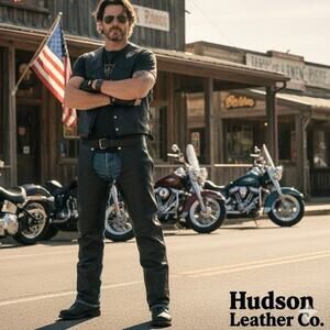 Hudson Leather Black Leather Motorcycle Chaps Sz. L